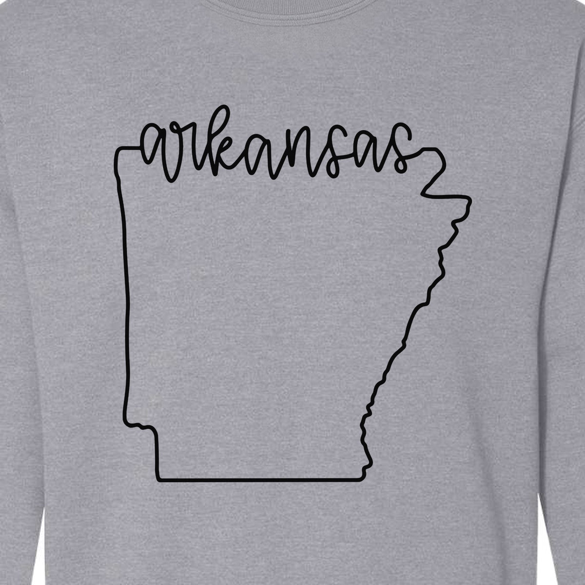 Arkansas Sweatshirt, Script Lettering with State Outline Map for Hometown Pride and Travel