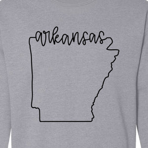 Arkansas Sweatshirt, Script Lettering with State Outline Map for Hometown Pride and Travel