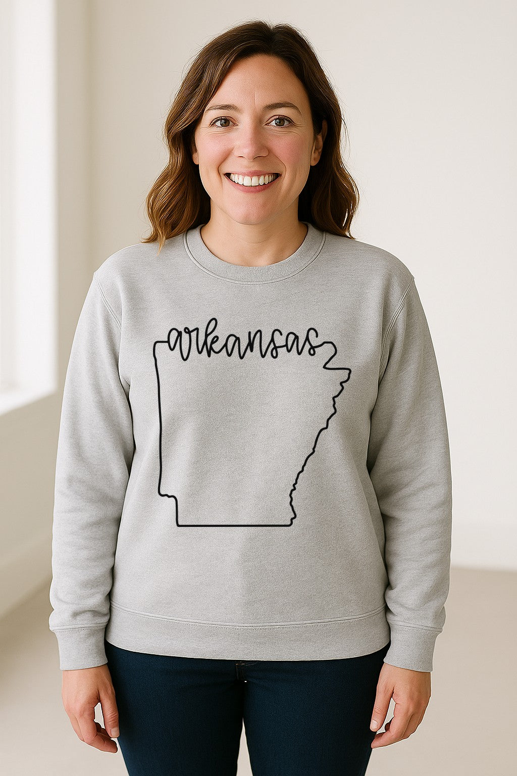 Arkansas Sweatshirt, Script Lettering with State Outline Map for Hometown Pride and Travel
