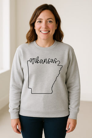Arkansas Sweatshirt, Script Lettering with State Outline Map for Hometown Pride and Travel