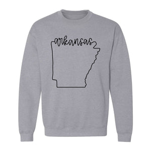 Arkansas Sweatshirt, Script Lettering with State Outline Map for Hometown Pride and Travel