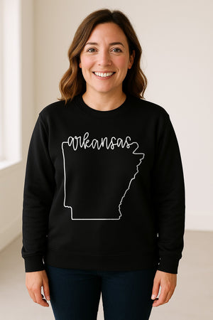 Arkansas Sweatshirt, Script Lettering with State Outline Map for Hometown Pride and Travel