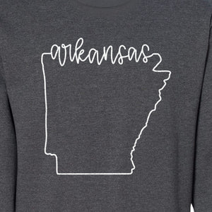 Arkansas Sweatshirt, Script Lettering with State Outline Map for Hometown Pride and Travel