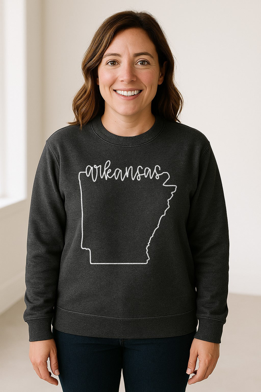 Arkansas Sweatshirt, Script Lettering with State Outline Map for Hometown Pride and Travel