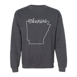 Arkansas Sweatshirt, Script Lettering with State Outline Map for Hometown Pride and Travel