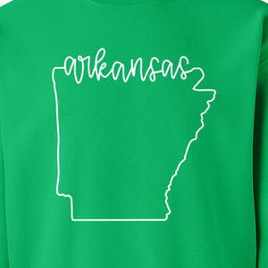 Arkansas Sweatshirt, Script Lettering with State Outline Map for Hometown Pride and Travel