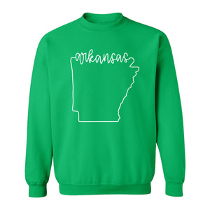 Arkansas Sweatshirt, Script Lettering with State Outline Map for Hometown Pride and Travel