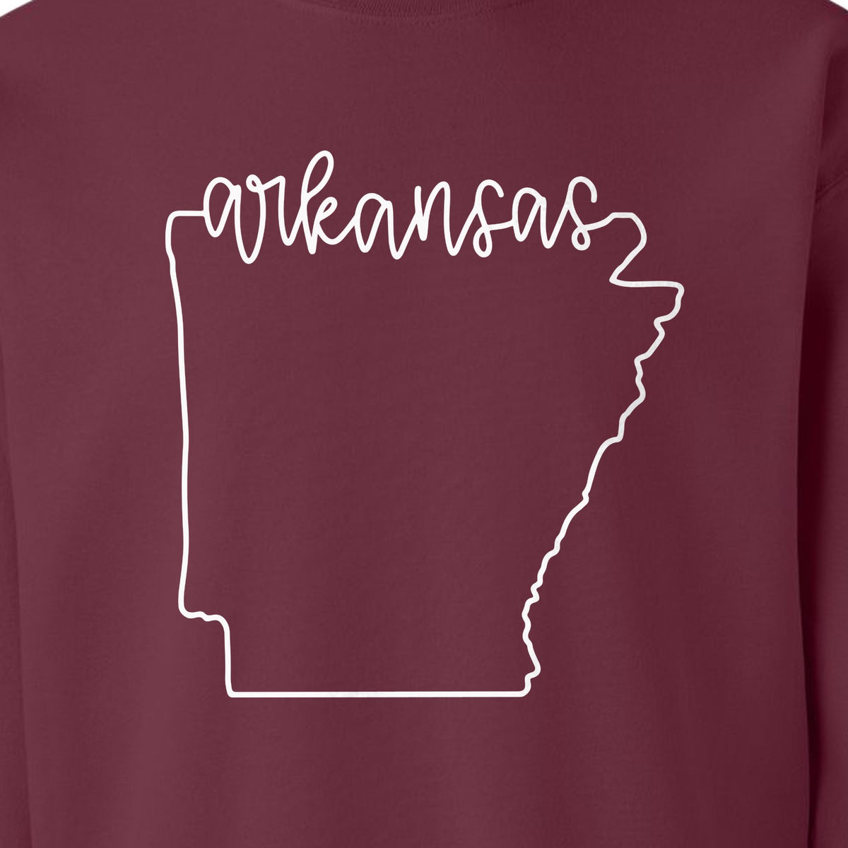 Arkansas Sweatshirt, Script Lettering with State Outline Map for Hometown Pride and Travel
