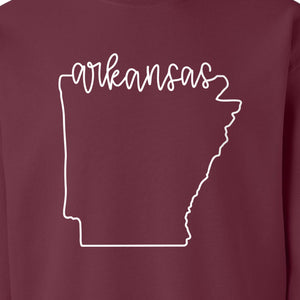 Arkansas Sweatshirt, Script Lettering with State Outline Map for Hometown Pride and Travel