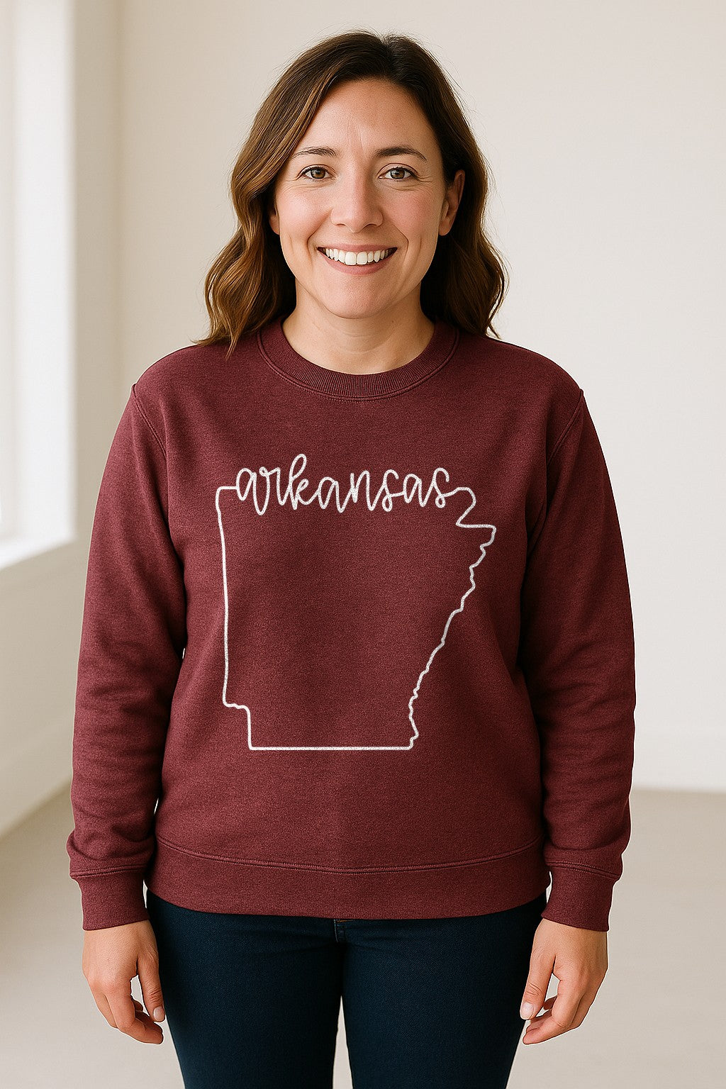 Arkansas Sweatshirt, Script Lettering with State Outline Map for Hometown Pride and Travel