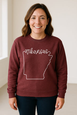 Arkansas Sweatshirt, Script Lettering with State Outline Map for Hometown Pride and Travel