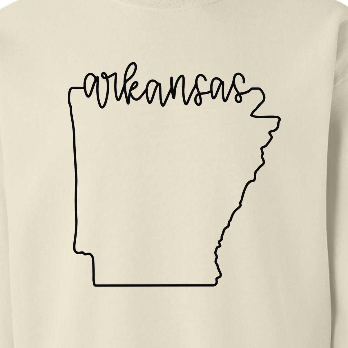 Arkansas Sweatshirt, Script Lettering with State Outline Map for Hometown Pride and Travel