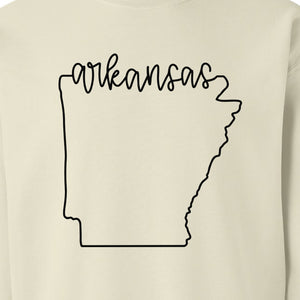 Arkansas Sweatshirt, Script Lettering with State Outline Map for Hometown Pride and Travel