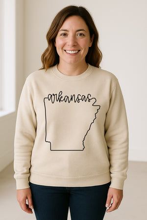 Arkansas Sweatshirt, Script Lettering with State Outline Map for Hometown Pride and Travel