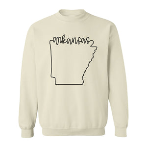 Arkansas Sweatshirt, Script Lettering with State Outline Map for Hometown Pride and Travel