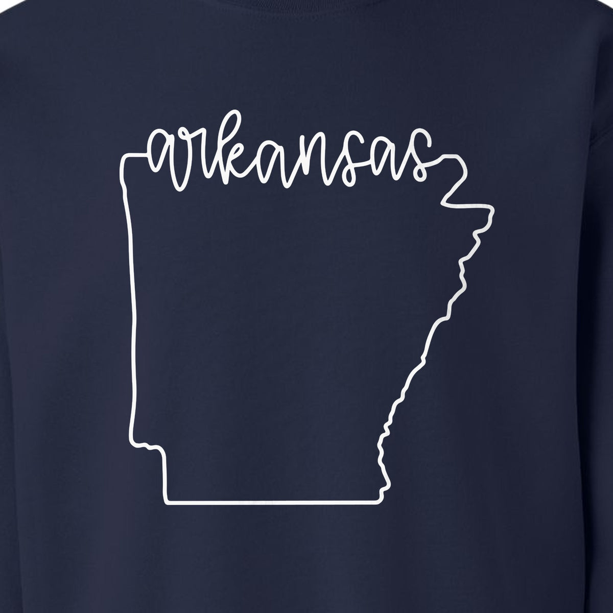 Arkansas Sweatshirt, Script Lettering with State Outline Map for Hometown Pride and Travel