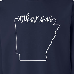 Arkansas Sweatshirt, Script Lettering with State Outline Map for Hometown Pride and Travel