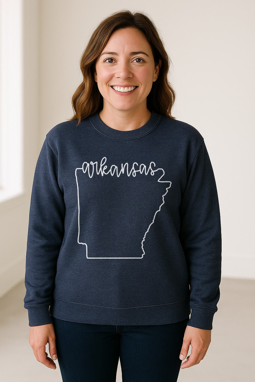Arkansas Sweatshirt, Script Lettering with State Outline Map for Hometown Pride and Travel