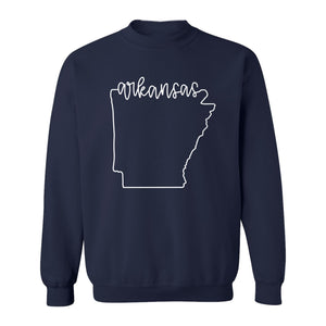 Arkansas Sweatshirt, Script Lettering with State Outline Map for Hometown Pride and Travel
