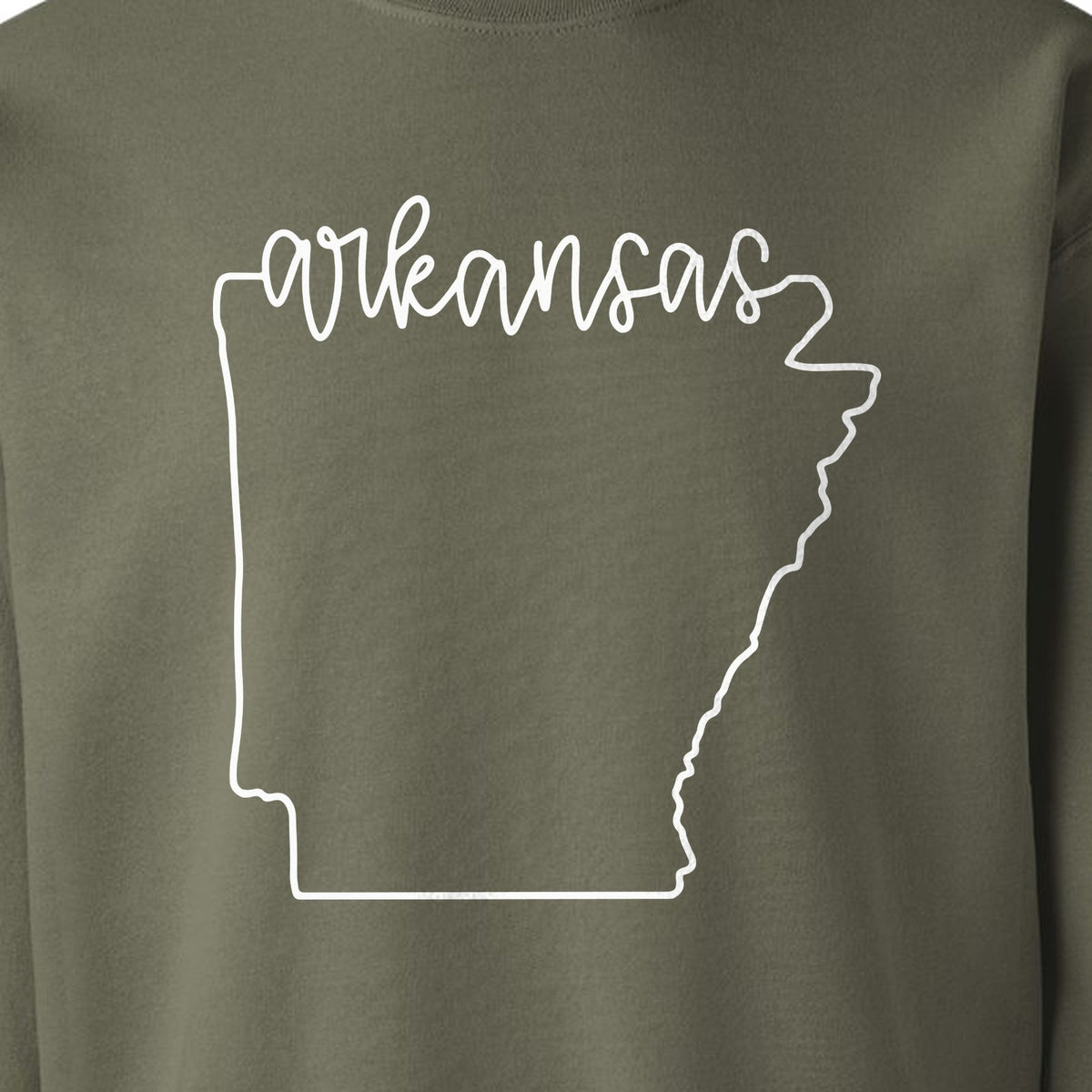 Arkansas Sweatshirt, Script Lettering with State Outline Map for Hometown Pride and Travel