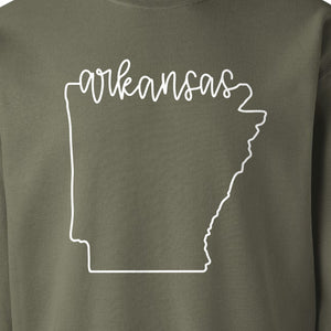 Arkansas Sweatshirt, Script Lettering with State Outline Map for Hometown Pride and Travel
