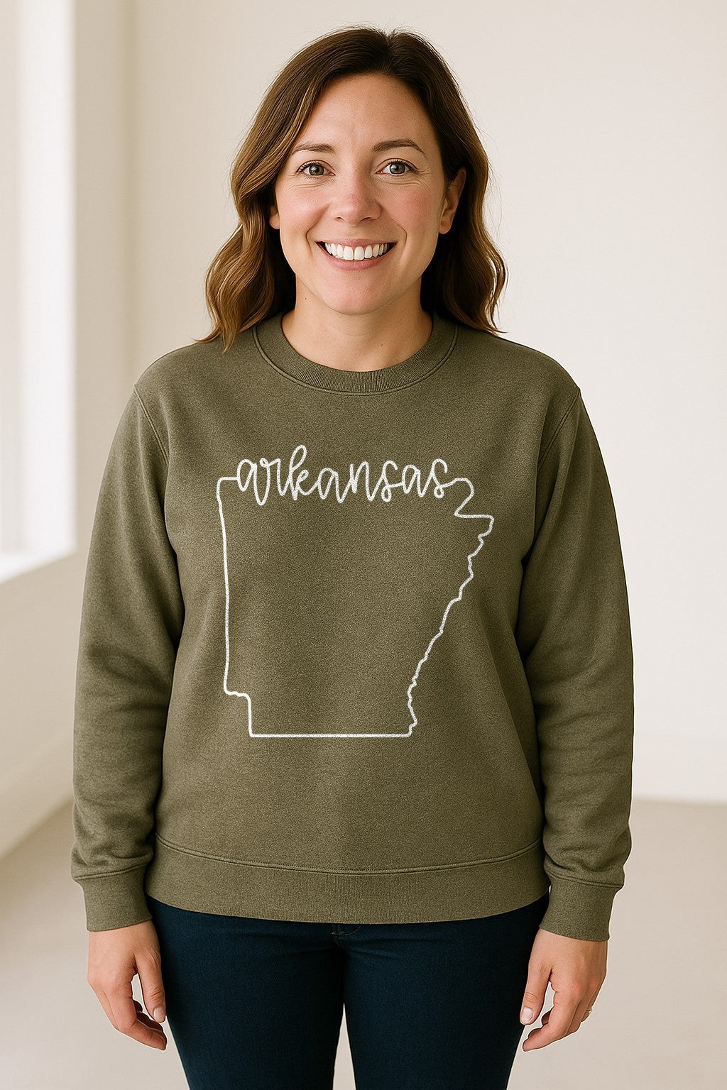 Arkansas Sweatshirt, Script Lettering with State Outline Map for Hometown Pride and Travel