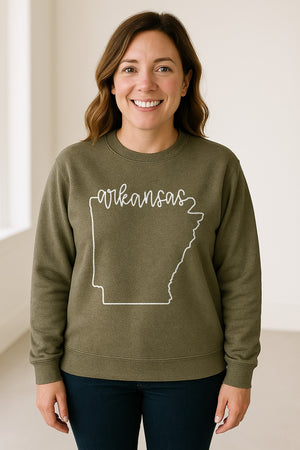Arkansas Sweatshirt, Script Lettering with State Outline Map for Hometown Pride and Travel