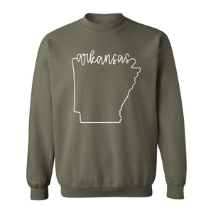 Arkansas Sweatshirt, Script Lettering with State Outline Map for Hometown Pride and Travel