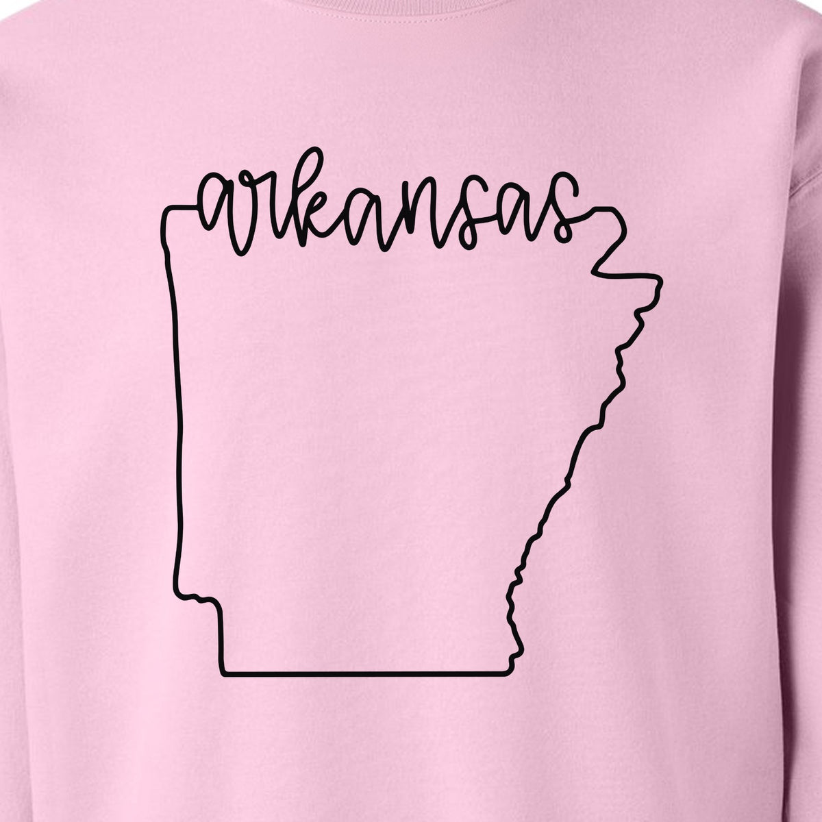 Arkansas Sweatshirt, Script Lettering with State Outline Map for Hometown Pride and Travel