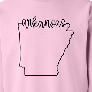 Arkansas Sweatshirt, Script Lettering with State Outline Map for Hometown Pride and Travel