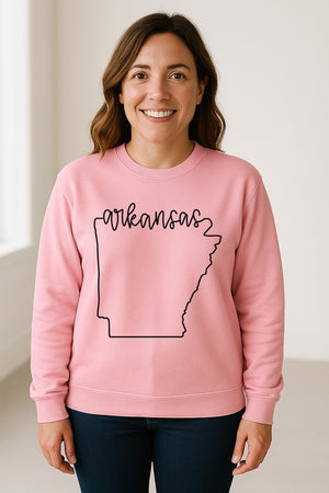 Arkansas Sweatshirt, Script Lettering with State Outline Map for Hometown Pride and Travel