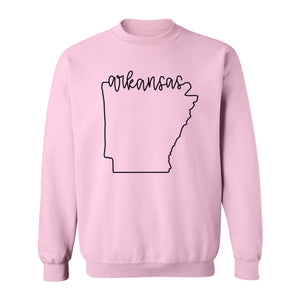 Arkansas Sweatshirt, Script Lettering with State Outline Map for Hometown Pride and Travel
