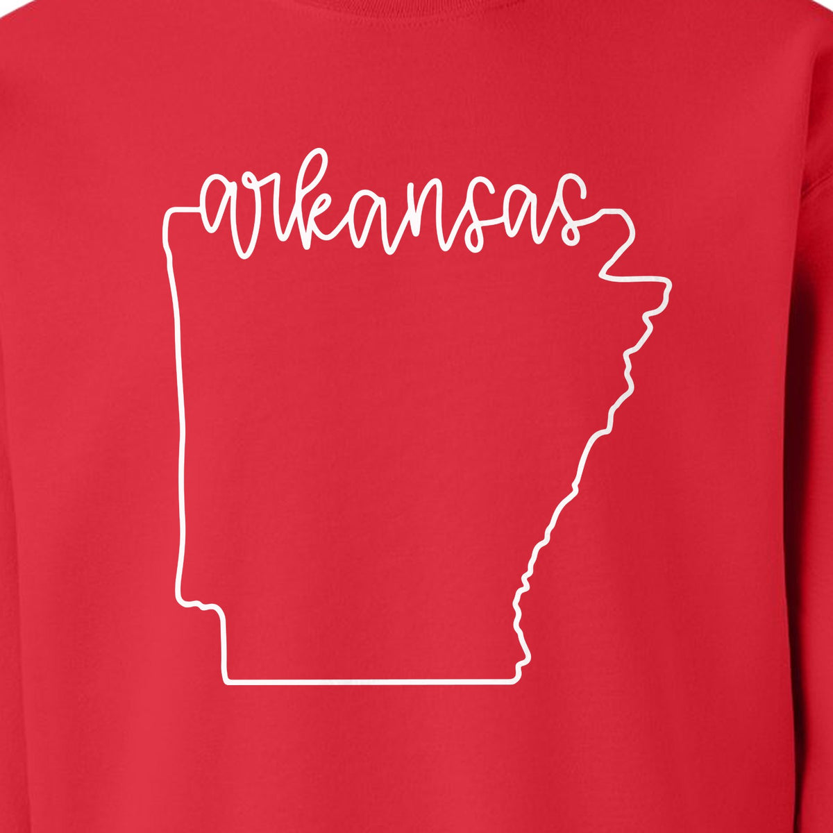 Arkansas Sweatshirt, Script Lettering with State Outline Map for Hometown Pride and Travel