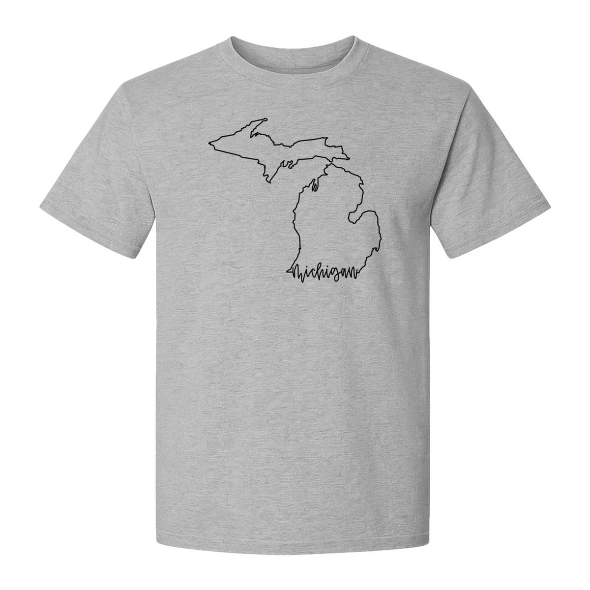 Michigan T-Shirt, Script State Outline Map Design for Great Lakes Residents and Road Trip Souvenirs
