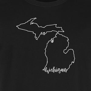 Michigan T-Shirt, Script State Outline Map Design for Great Lakes Residents and Road Trip Souvenirs