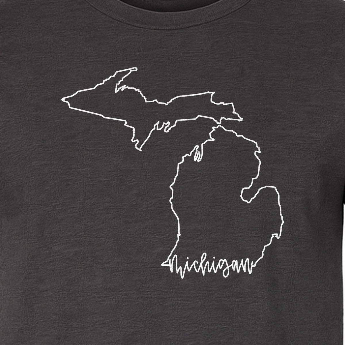 Michigan T-Shirt, Script State Outline Map Design for Great Lakes Residents and Road Trip Souvenirs