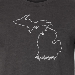 Michigan T-Shirt, Script State Outline Map Design for Great Lakes Residents and Road Trip Souvenirs