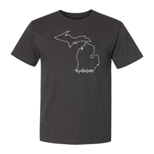 Michigan T-Shirt, Script State Outline Map Design for Great Lakes Residents and Road Trip Souvenirs