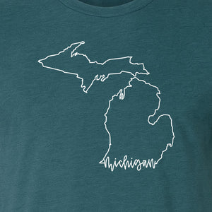 Michigan T-Shirt, Script State Outline Map Design for Great Lakes Residents and Road Trip Souvenirs