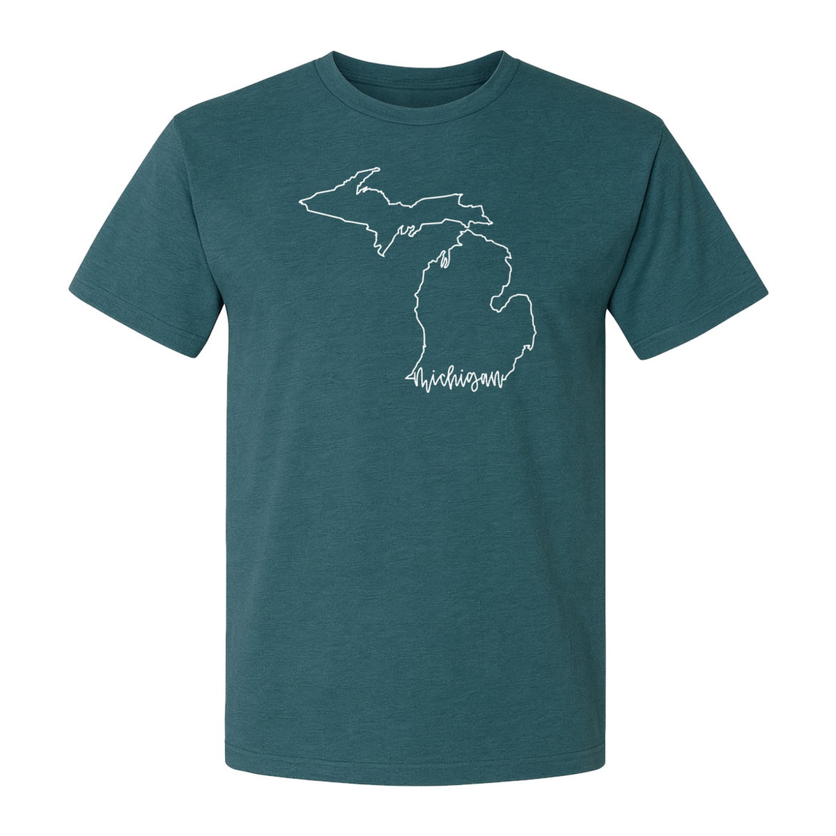Michigan T-Shirt, Script State Outline Map Design for Great Lakes Residents and Road Trip Souvenirs