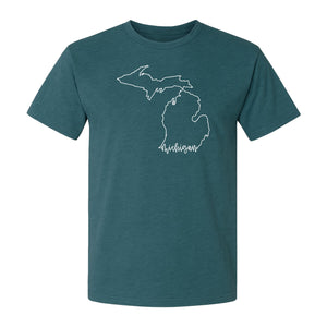 Michigan T-Shirt, Script State Outline Map Design for Great Lakes Residents and Road Trip Souvenirs
