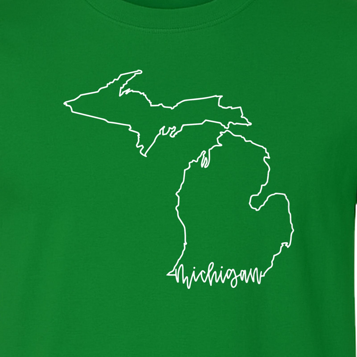 Michigan T-Shirt, Script State Outline Map Design for Great Lakes Residents and Road Trip Souvenirs