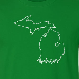 Michigan T-Shirt, Script State Outline Map Design for Great Lakes Residents and Road Trip Souvenirs