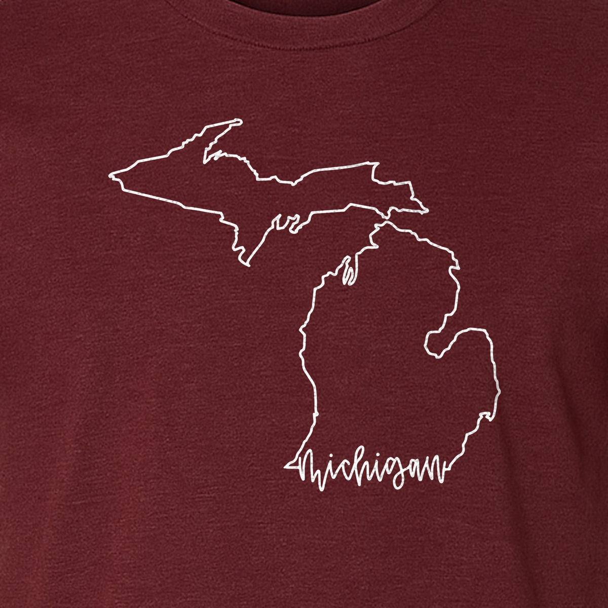Michigan T-Shirt, Script State Outline Map Design for Great Lakes Residents and Road Trip Souvenirs