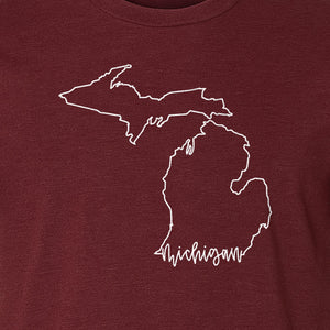 Michigan T-Shirt, Script State Outline Map Design for Great Lakes Residents and Road Trip Souvenirs