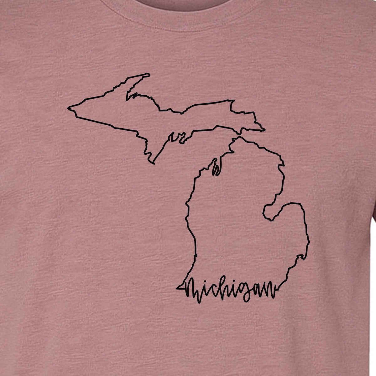 Michigan T-Shirt, Script State Outline Map Design for Great Lakes Residents and Road Trip Souvenirs