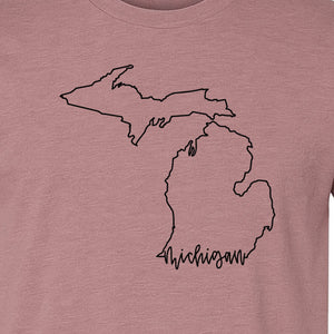 Michigan T-Shirt, Script State Outline Map Design for Great Lakes Residents and Road Trip Souvenirs