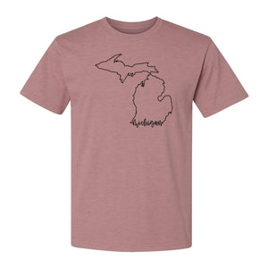 Michigan T-Shirt, Script State Outline Map Design for Great Lakes Residents and Road Trip Souvenirs