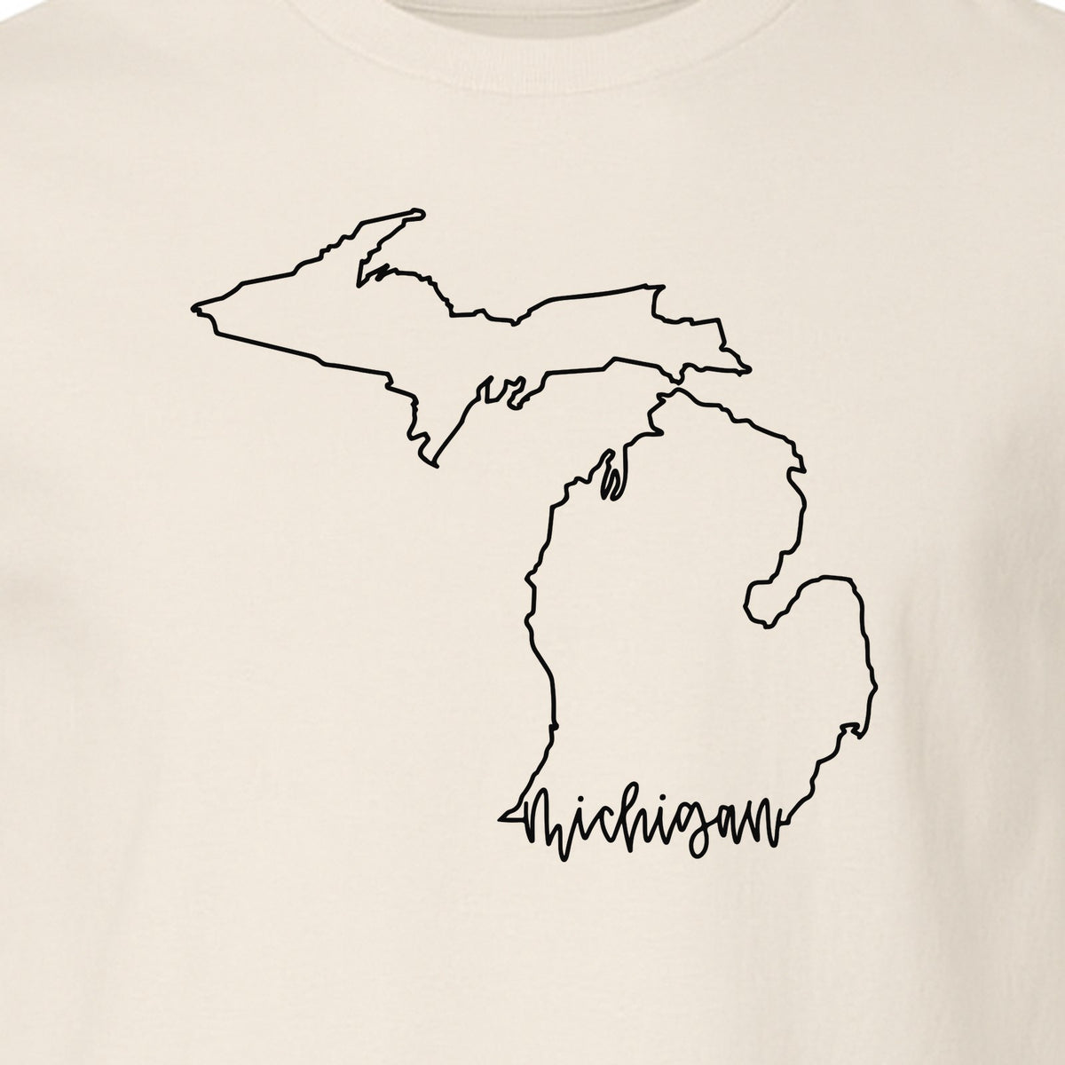 Michigan T-Shirt, Script State Outline Map Design for Great Lakes Residents and Road Trip Souvenirs