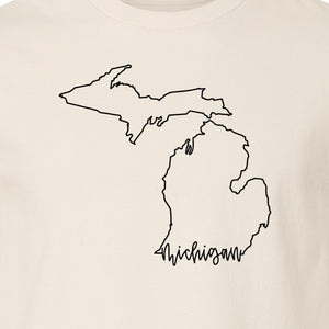 Michigan T-Shirt, Script State Outline Map Design for Great Lakes Residents and Road Trip Souvenirs
